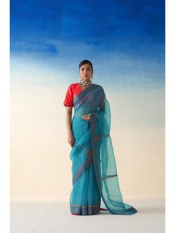 Janki India - Blue Organza Embroidered Saree and Petticoat Without Blouse