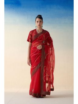 Janki India - Red Organza Jaal Embroidered Saree and Petticoat Without Blouse