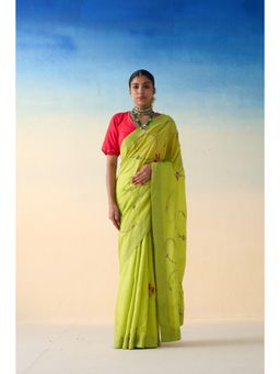 Janki India - Lime Green Silk Jaal Embroidered Saree and Petticoat Without Blouse