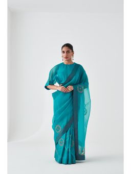 Janki India - Blue Organza Embroidered Saree and Petticoat Without Blouse