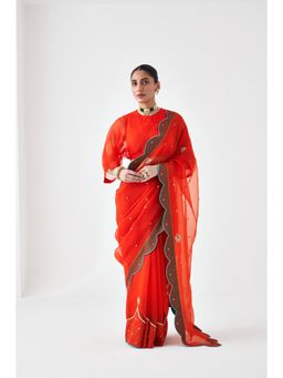 Janki India - Orange Scallop Border Embroidered Saree and Petticoat Without Blouse