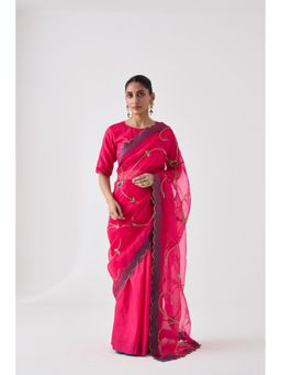 Janki India - Fuchsia Pink Embroidered Saree and Petticoat Without Blouse