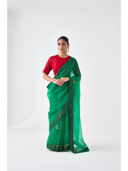 Janki India - Green Organza Embroidered Saree and Petticoat Without Blouse