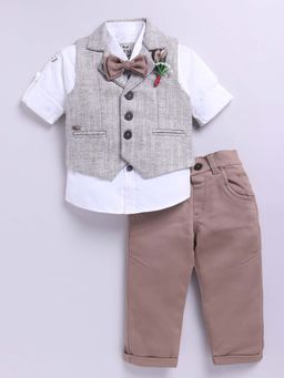 Little Collars - Beige Solid/Plain Shirt with Waistcoat and Pant, Bow (Set of 4)