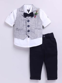 Little Collars - Navy Blue Solid/Plain Shirt with Waistcoat and Pant, Bow (Set of 4)