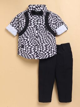 Little Collars - Black Printed Shirt and Pant with Bow (Set of 3)