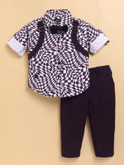 Little Collars - Wine Printed Shirt and Pant with Bow (Set of 3)