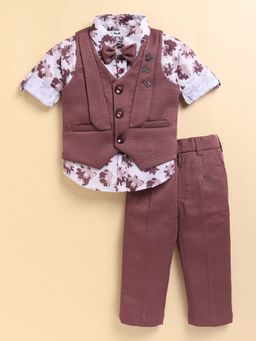 Little Collars - Wine Printed Shirt with Waistcoat and Pant, Bow, Brooch (Set of 5)