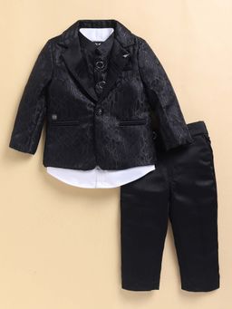 Little Collars - Black Self Design Shirt with Waistcoat, Blazer and Pant (Set of 4)