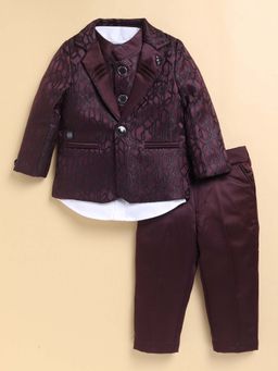 Little Collars - Maroon Self Design Shirt with Waistcoat, Blazer and Pant (Set of 4)