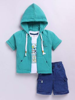 Little Collars - Green Printed T-Shirt with Hoodie and Shorts (Set of 3)