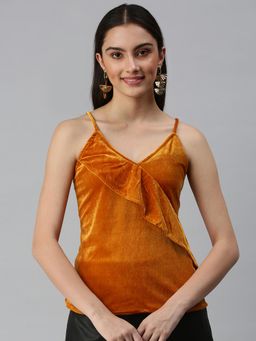 SHOWOFFFF - Women Shoulder Straps Sleeveless Self Design Mustard Top