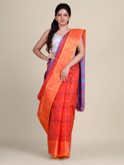 CHARUKRITI - Red Handwoven Tant Saree With Startch and without Blouse