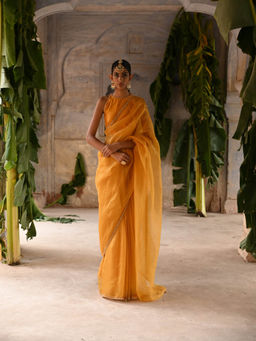 DEEPTHEE - Mustard Yellow Hand Embroidered Saree with Stitched Blouse