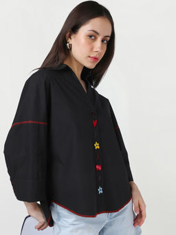 Bewakoof - Womens Jet Black Embroidered Oversized Shirt
