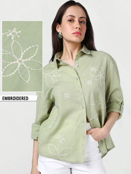 Bewakoof - Womens Light Green Embroidered Oversized Shirt