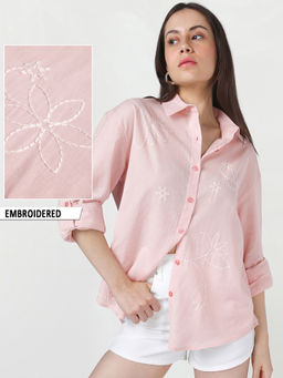 Bewakoof - Womens Pink Embroidered Oversized Shirt
