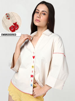 Bewakoof - Womens Beige Embroidered Oversized Shirt