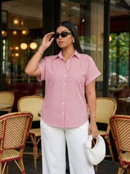 Qurvii - Red Stripe Drop- Shoulder Cotton Shirt