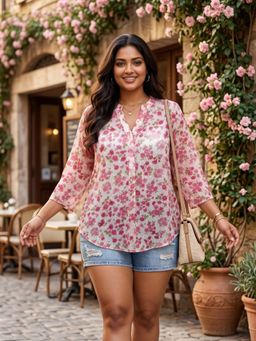 Qurvii - Pink Swiss Dot Floral Print Mandarin Neck Top