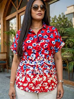 Qurvii - Red Floral Print Drop Shoulder Shirt