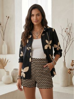 BOHOLYFE - Violetta Midnight Bloom Cotton Shirt With Shorts