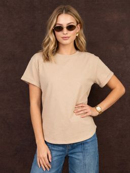 JUNEBERRY - Womens Beige Plain Boyfriend Fit T-Shirt
