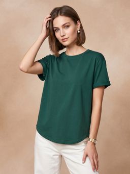 JUNEBERRY - Womens Green Plain Boyfriend Fit T-Shirt