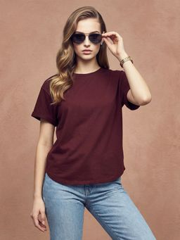 JUNEBERRY - Womens Maroon Plain Boyfriend Fit T-Shirt