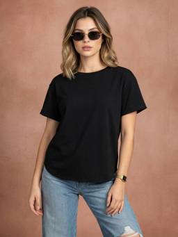 JUNEBERRY - Womens Black Plain Boyfriend Fit T-Shirt