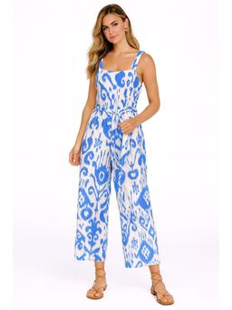NOBARR - Womens Blue And White Printed Sleeveless Viscose Jumpsuit With Belt