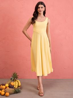 Uptownie - Stretchable Fit and Flare Yellow Midi Dress