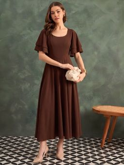 Uptownie - Stretchable Flutter Sleeve Fit and Flare Brown Midi Dress
