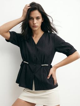 Outzidr - Black Waist Cinched Front Buttoned Top