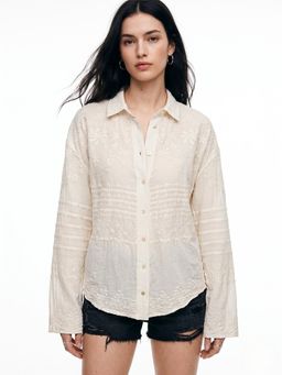 Outzidr - Off White Full Sleeve Scallop Hem Collared Semi Sheer Embroidered Shirt