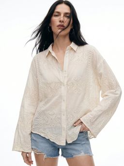 Outzidr - White Full Sleeve Scallop Hem Collared Semi Sheer Embroidered Shirt