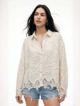 Outzidr - Off White Full Sleeve Lace Edge Collared Semi Sheer Embroidered Shirt