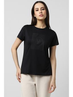Van Heusen - Women Black Solid Casual Round Neck T-Shirt