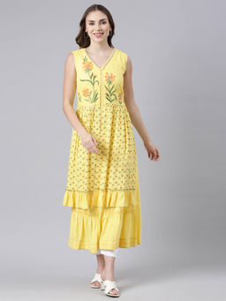 NEERU'S - Yellow Flared Casual Solid Midi Dress