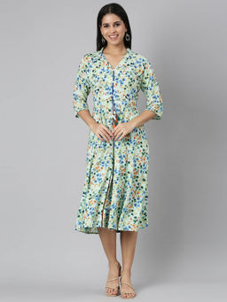 NEERU'S - Green Flared Casual Floral Fit and Flare Midi Dress