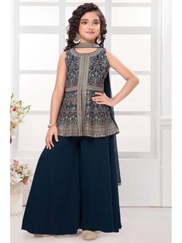 Lagorii - Navy Blue Embroidered Kurta Palazzo and Dupatta