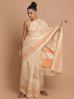 Indethnic - Banarasi Beige Woven Design Daily Wear Saree With Unstitched Blouse