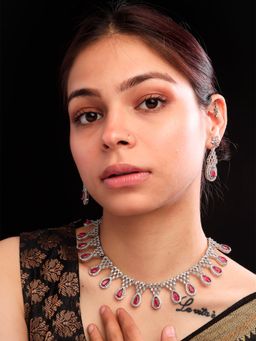 STILEADDA - Women Red Ad-Cz Tear Drop Stone Necklace Set