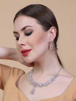 STILEADDA - Women Pink Big Square Cubic Zirconia Necklace Set