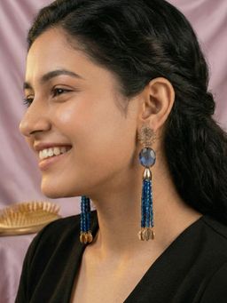 Kraft Smiths - Women Blue Evely Gold Leaf Tassel Drop Earrings