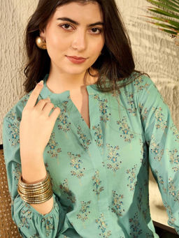 Vaamsi - Women Sea Green Cotton Blend Floral Printed Regular Tunic