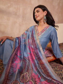 Vaamsi - Women Blue Mirror Work Straight Kurta Pant With Dupatta