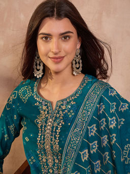 Vaamsi - Silk Blend Printed Blue Kurta And Pant With Dupatta