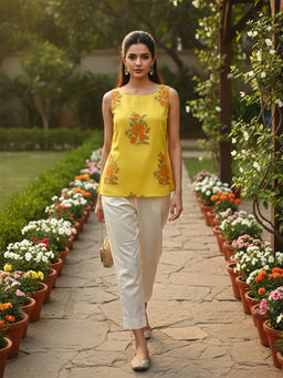 Vaamsi - Women Yellow Viscose Rayon Floral Printed Boat Neck Top