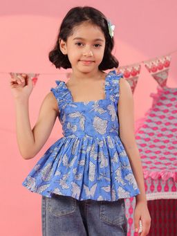 Rain & Rainbow - Girls Blue Floral Printed Pure Cotton Peplum Top